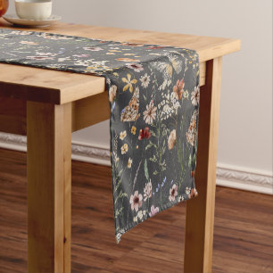 Charcoal Gray Boho Floral Wildflowers Short Table Runner