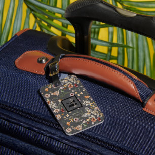 Charcoal Gray Boho Watercolor Wildflowers Monogram Luggage Tag