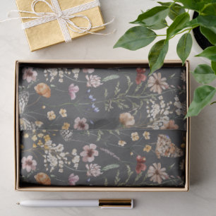 Charcoal Gray Boho Watercolor Wildflowers Tissue Paper