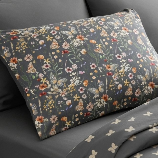 Charcoal Gray Boho Wildflowers Pillow Case (Creator Uploaded)