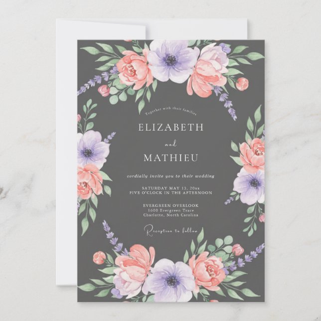 Charcoal Gray Bold Botanical Wedding Invitation (Front)