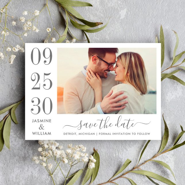 Charcoal Gray Bold Date Numeral Photo Wedding Save The Date (Creator Uploaded)
