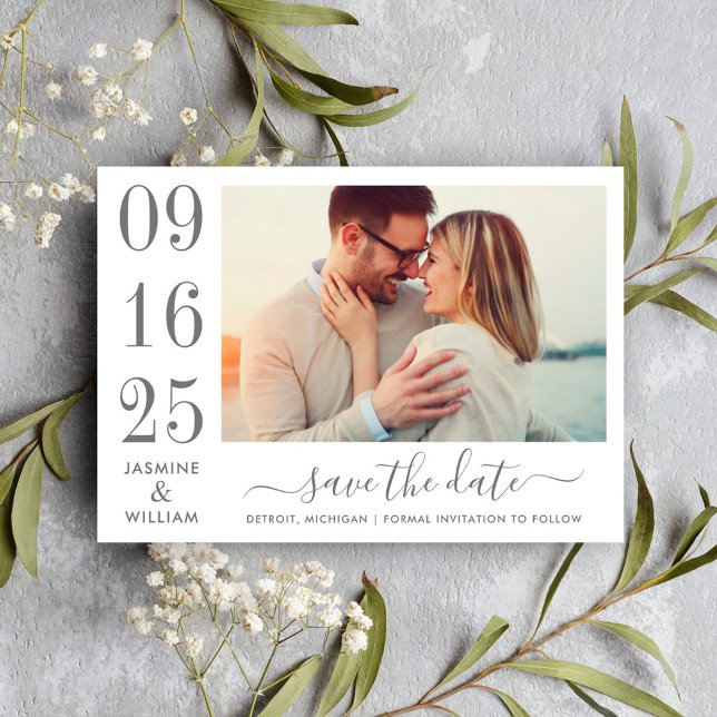 Charcoal Gray Bold Date Numeral Photo Wedding Save The Date (Creator Uploaded)