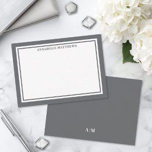 Charcoal Gray Border Minimalist Name Monogram Note Card