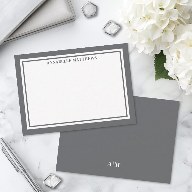 Charcoal Gray Border Minimalist Name Monogram Note Card (Charcoal Gray Border Minimalist Name Monogram Note Card)