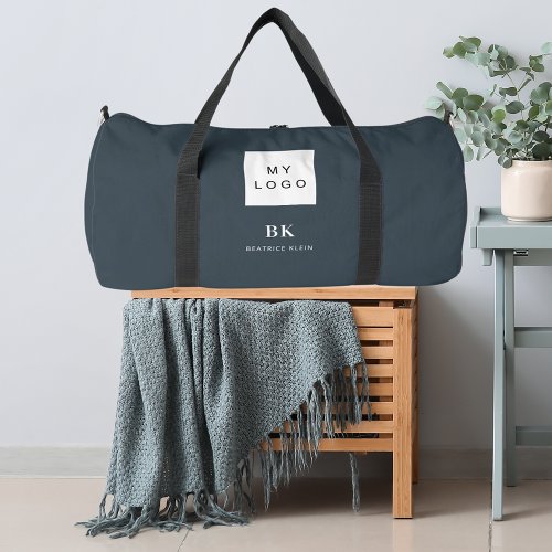 Charcoal gray business logo name monogram duffle bag