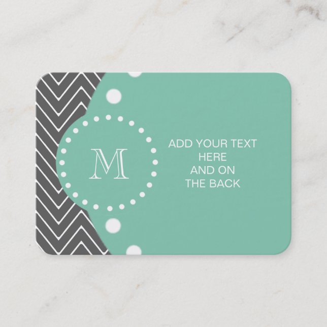Charcoal Gray Chevron Pattern | Mint Green Monogra Business Card (Front)