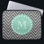 Charcoal Gray Chevron Pattern | Mint Green Monogra Laptop Sleeve<br><div class="desc">Preppy, chic, trendy, charcoal gray and white modern chevron stripes, zigzag pattern, gray chevron pattern, you can personalize with a white monogram initial in a modern font, on a mint green circle label frame with a fun white polka dot circular border. GraphicsByMimi© A trendy pattern for her. Use the template...</div>