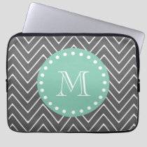 Charcoal Gray Chevron Pattern | Mint Green Monogra Laptop Sleeve