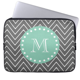 Charcoal Gray Chevron Pattern   Mint Green Monogra Laptop Sleeve