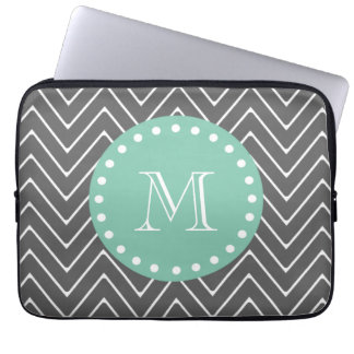 Charcoal Gray Chevron Pattern | Mint Green Monogra Laptop Sleeve