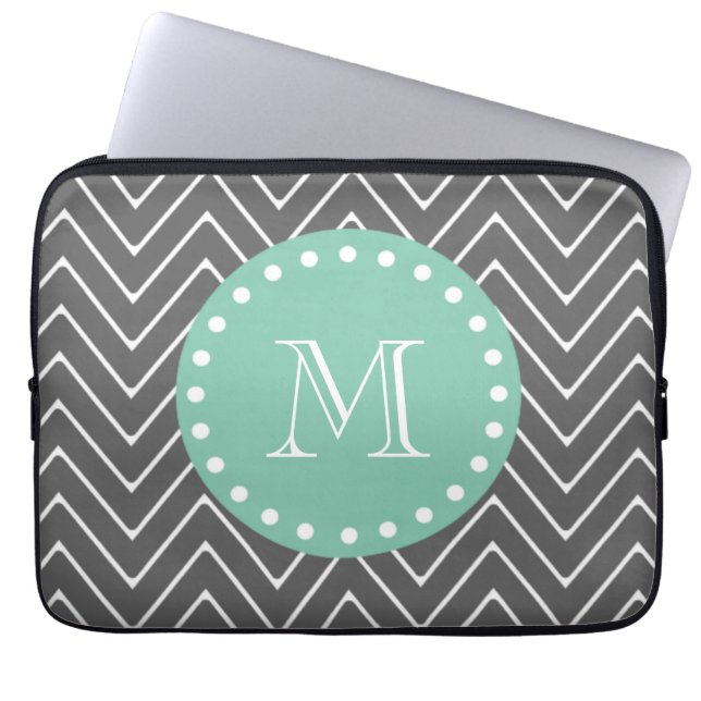 Charcoal Gray Chevron Pattern | Mint Green Monogra Laptop Sleeve (Front)