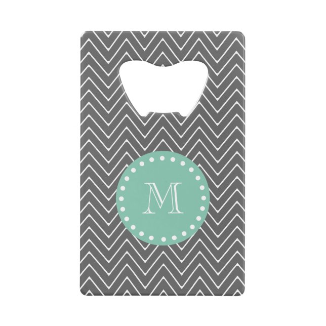 Charcoal Gray Chevron Pattern  Mint Green Monogram Credit Card Bottle Opener (Front)