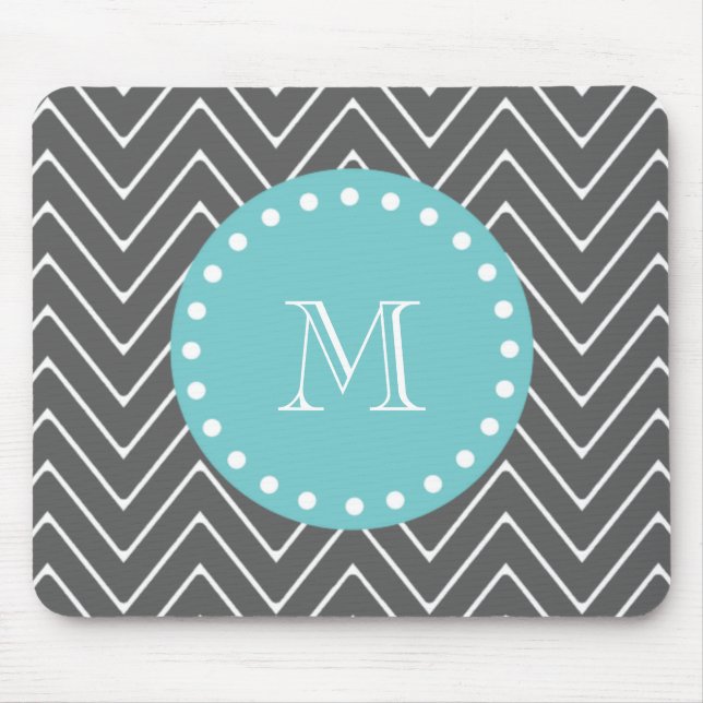 Charcoal Gray Chevron Pattern | Teal Monogram Mouse Pad (Front)