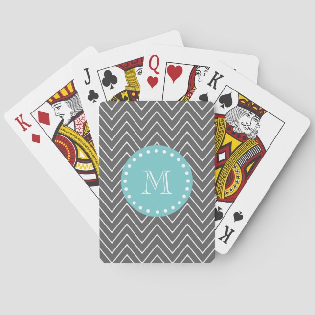 Charcoal Gray Chevron Pattern | Teal Monogram Poker Cards (Back)