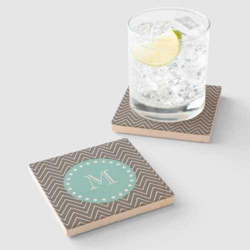 Charcoal Gray Chevron Pattern  Teal Monogram Stone Coaster