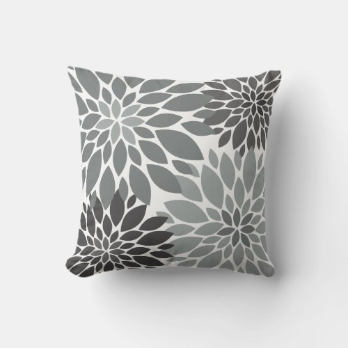 Charcoal Gray Chrysanthemums Floral Pattern Throw Pillow