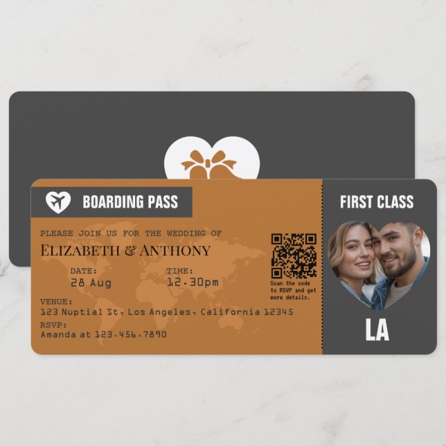 Charcoal Gray & Copper Boarding Pass Wedding Invitation (Front/Back)