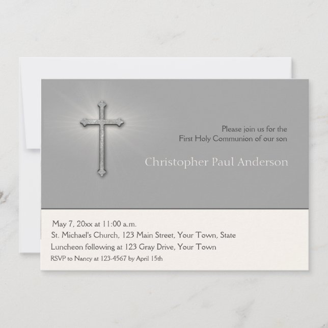 Charcoal Gray, Cross, Religious Invitation (Front)