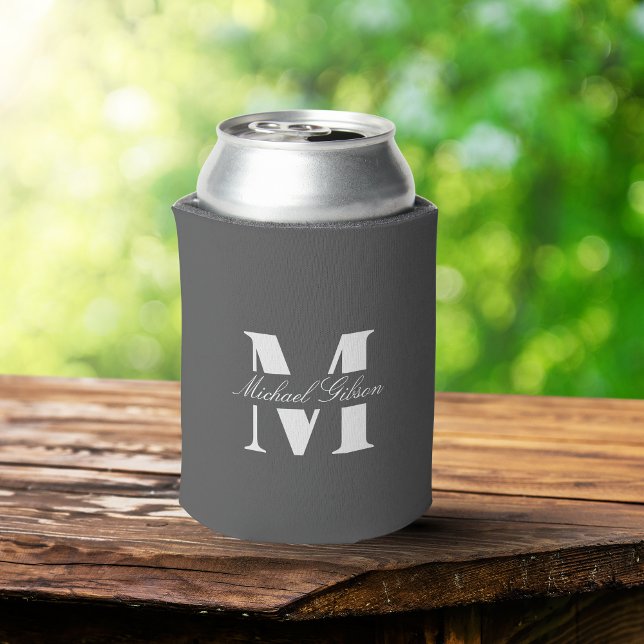 Charcoal Gray | Custom Monogram Wedding Groomsmen  Can Cooler (Elegant Charcoal Gray Personalized Groomsmen Can Cooler)