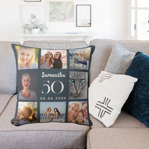 Charcoal gray custom photo collage birthday throw pillow