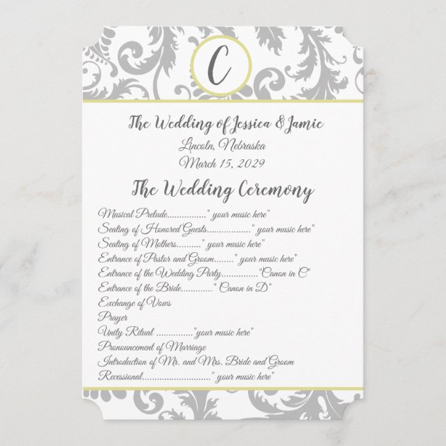 Charcoal Gray Damask Yellow Trim Wedding Program (Front)