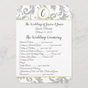 Charcoal Gray Damask Yellow Trim Wedding Program