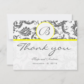 Charcoal Gray Damask Yellow Wedding Thank You Card