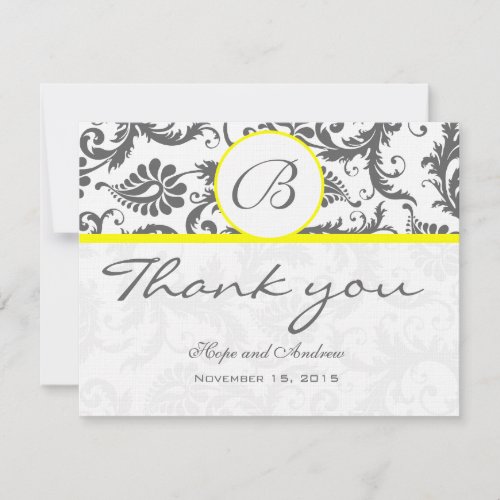 Charcoal Gray Damask Yellow Wedding Thank You Card