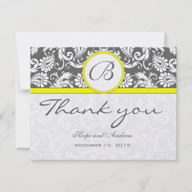 Charcoal Gray Damask Yellow Wedding Thank You Card (Front)