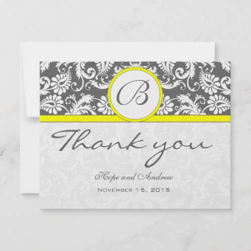 Charcoal Gray Damask Yellow Wedding Thank You Card