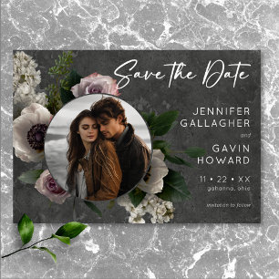 Charcoal Gray Elegant Floral Modern Wedding Photo Save The Date