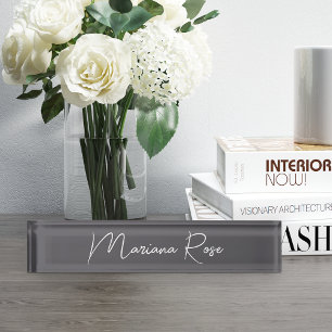 Charcoal Gray Elegant Handwritten Script Desk Name Plate