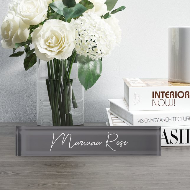 Charcoal Gray Elegant Handwritten Script Desk Name Plate (Creator Uploaded)