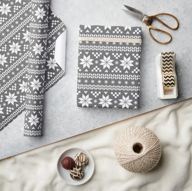 Charcoal Gray Fair Isle Christmas Sweater Pattern Wrapping Paper (Crafts)