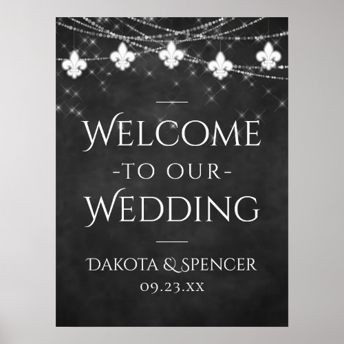 Charcoal Gray Fleur de Lis Light  Wedding Welcome Poster