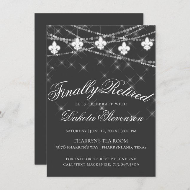 Charcoal Gray Fleur de Lis Lights | Retirement Invitation (Front/Back)