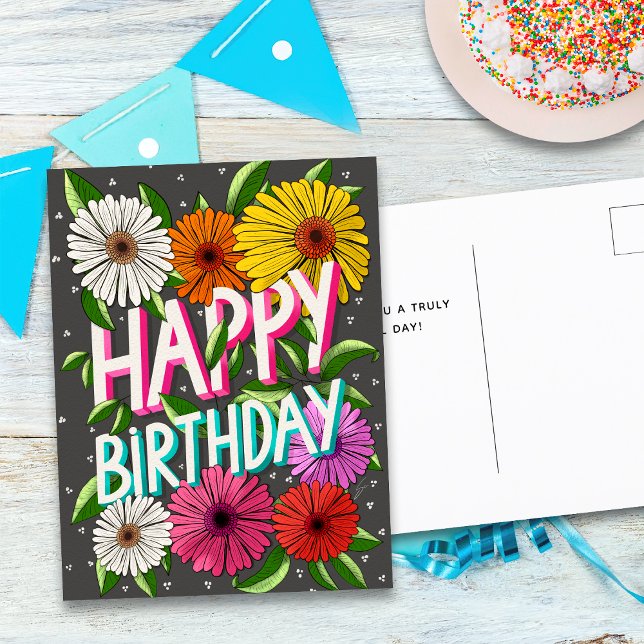 Charcoal Gray Floral Personalized Happy Birthday Postcard (Creator Uploaded)