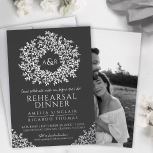 Charcoal gray foil monogram rehearsal dinner invitation