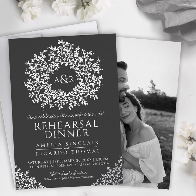 Charcoal gray foil monogram rehearsal dinner invitation (Creator Uploaded)