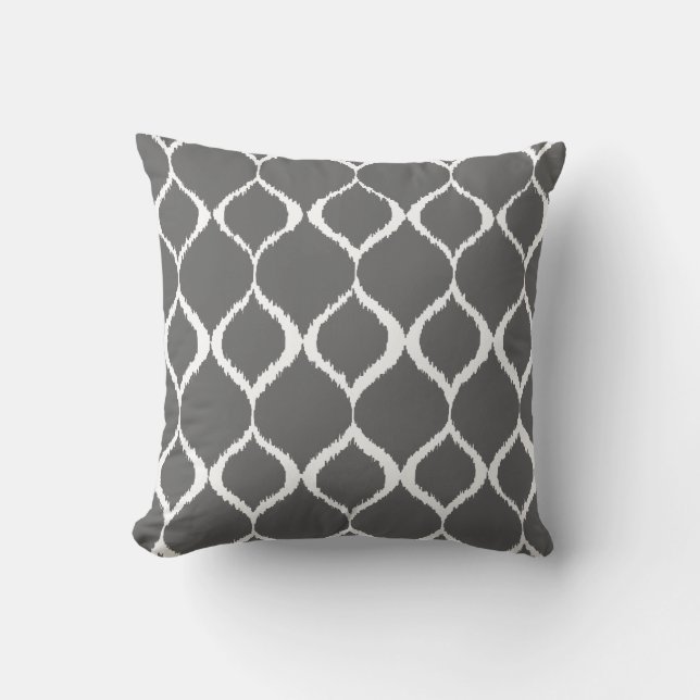 Charcoal Gray Geometric Ikat Tribal Print Pattern Throw Pillow (Front)