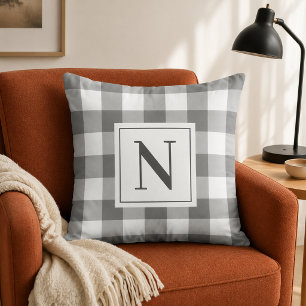 Charcoal Gray Gingham Check Monogram Initial Throw Pillow