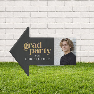 Charcoal Gray Gold Photo Arrow Graduation Party Sign