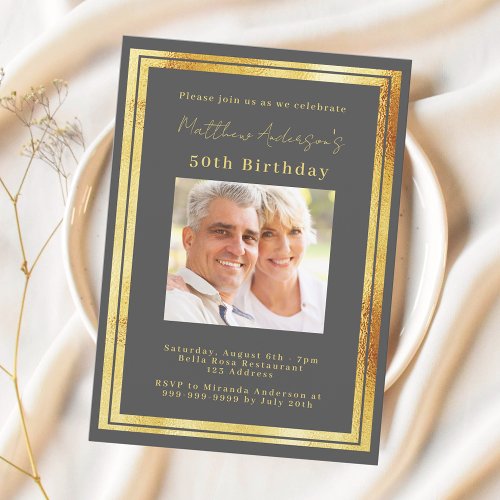 Charcoal gray gold photo birthday invitation