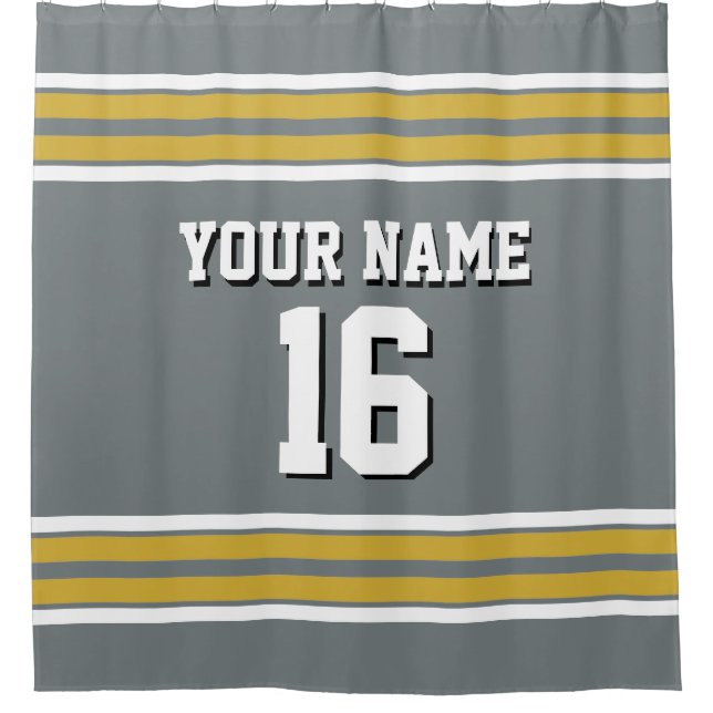 Charcoal Gray Gold White Stripes Sports Jersey Shower Curtain (Front)