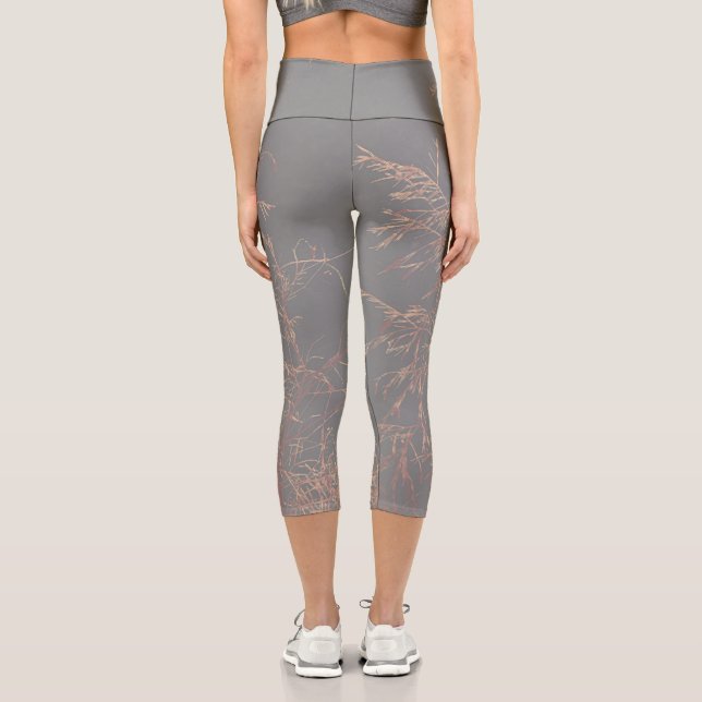 Charcoal Gray Golden Tree Brunches Sky Capri Leggings (Back)