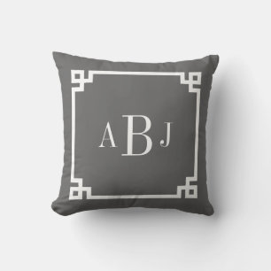Charcoal Gray Greek Key Border Custom Monogram Throw Pillow