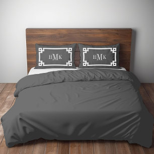 Charcoal Gray Greek Key Monogram Standard Pillow Case