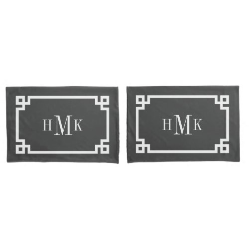 Charcoal Gray Greek Key Monogram Standard Pillow Case