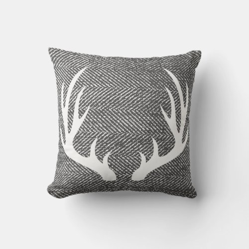Charcoal Gray Herringbone  White Deer Antlers Throw Pillow